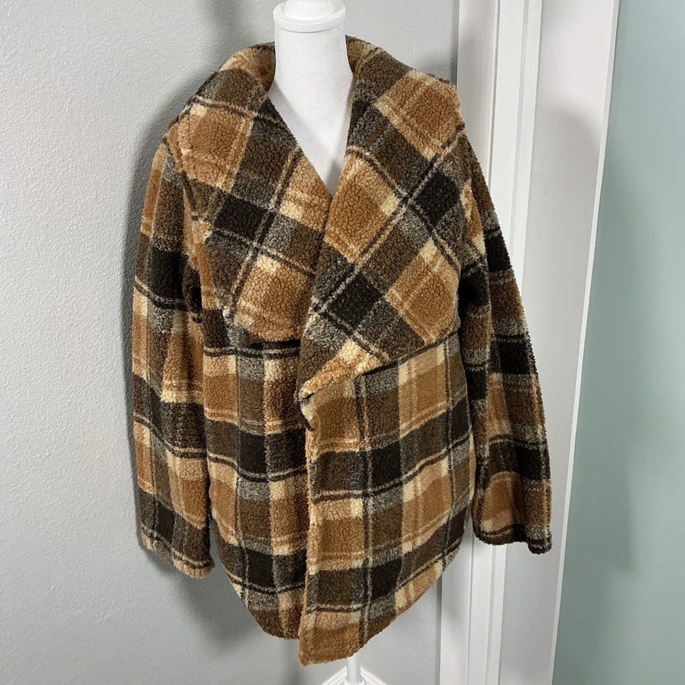 Blu Pepper Plaid Teddy Sherpa Shawl Collar Jacket Coat Cozy Brown Black Size L